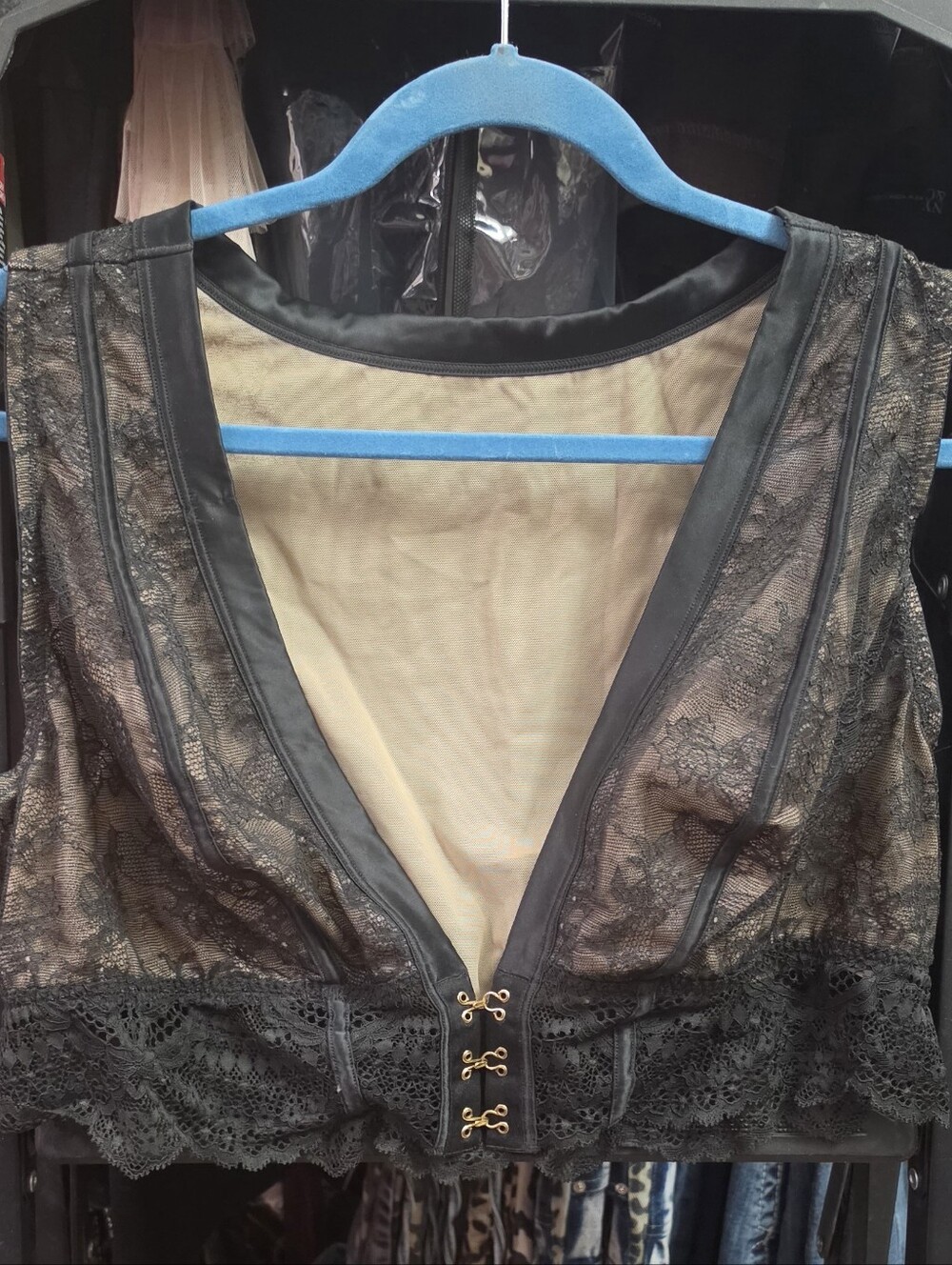 Cacique Black Lace Backless Plunge Crop Top
